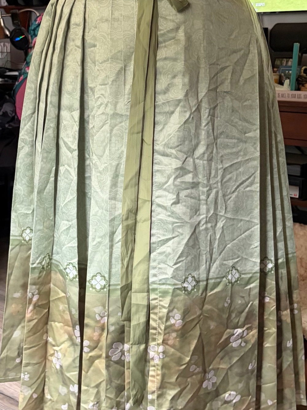 Pleated Olive Green Floral-Print Women’s Skirt with Floral overlay neckline
